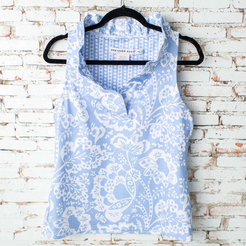 Gretchen Scott Women's S Blue White Floral Sleeveless Ruffle Collar Top Stretch